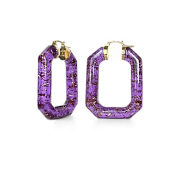 14K Yellow Gold Over Sterling Silver Acrylic Hoops in Purple with Glitter