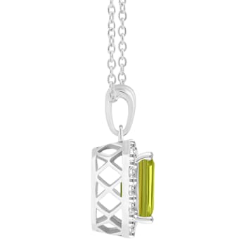8x6mm Emerald Cut Peridot and White Topaz Accent Rhodium Over Sterling
Silver Halo Pendant w/Chain