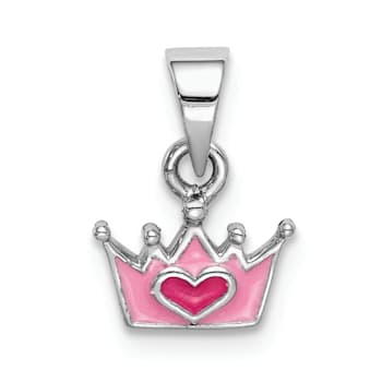 Rhodium Over Sterling Silver Pink Enameled Heart Crown Children's Pendant