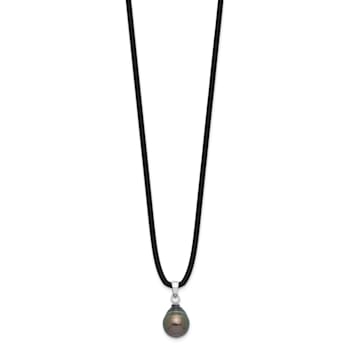 Rhodium Over Sterling Silver Tahitian Pearl 18 Inch Black Silicone Necklace