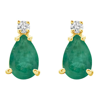 7x5mm Pear Shape Emerald with Diamond Accents 14k Yellow Gold Stud Earrings