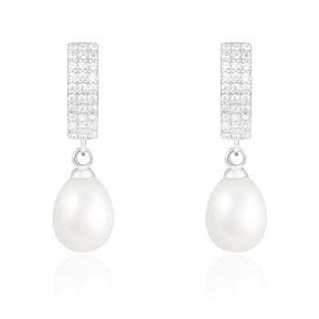 7.5-8mm White Cultured Freshwater Pearl Rhodium Over Sterling Silver Earrings