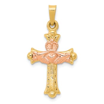 14K Yellow and Rose Gold Claddagh Cross Pendant