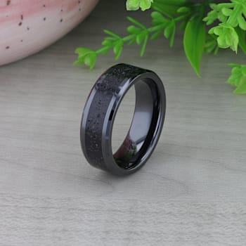 VESUVIUS Men’s Polished Black Ceramic Band with Lava Rock Stone Inlay
& Polished Beveled Edges 8mm