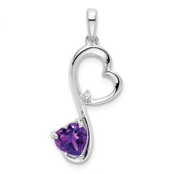 Rhodium Over 14k White Gold Amethyst and Diamond Heart Pendant