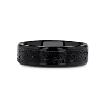 VESUVIUS Men’s Polished Black Ceramic Band with Lava Rock Stone Inlay
& Polished Beveled Edges 6mm