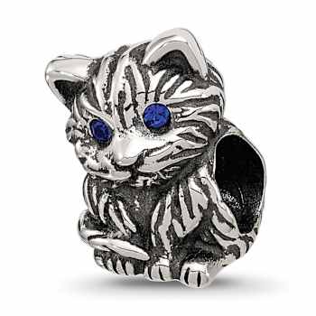 Sterling Silver Antiqued Cat with Blue Crystals Bead