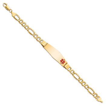 14k Yellow Gold Medical Soft Diamond Shape Red Enamel Figaro Link ID Bracelet