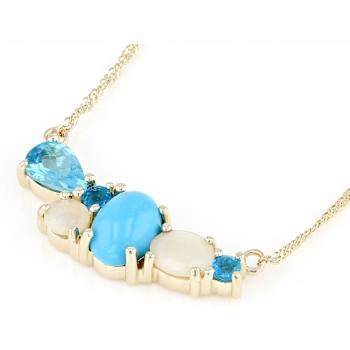 Turquoise, Opal and Topaz Bar Necklace In Solid 10K Yellow Gold 18 Inch