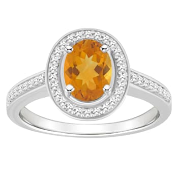 8x6mm Oval Citrine 1/5 ctw Diamond Rhodium Over Sterling Silver Halo Ring