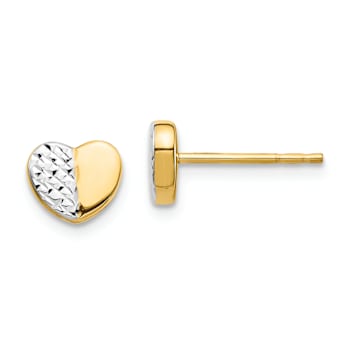 14k Yellow Gold and Rhodium Over 14k Yellow Gold Diamond-Cut Heart Stud Earrings