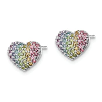 Rhodium Over Sterling Silver Rainbow Crystal Heart Post Earrings