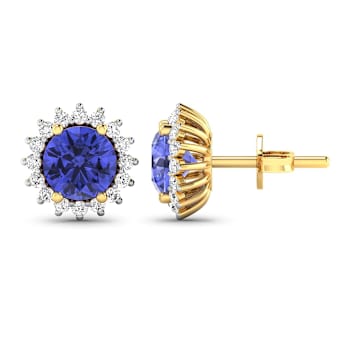 1.44ctw 14K Yellow Gold Tanzanite and White Diamond Halo Earrings