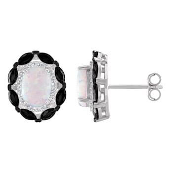 Sterling Silver Lab Created Oval Opal and Black Spinel Earrings 2.20ctw