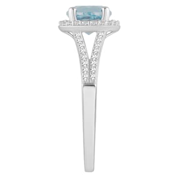 7mm Round Aquamarine 1/4 ctw Diamond Rhodium Over Sterling Silver Halo Ring