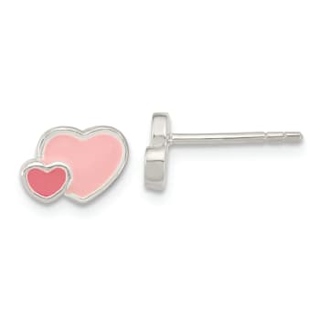 Rhodium Over Sterling Silver Pink Enamel Double Heart Post Earrings