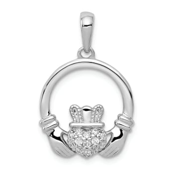 Rhodium Over 14k White Gold Diamond Claddagh Circle Pendant