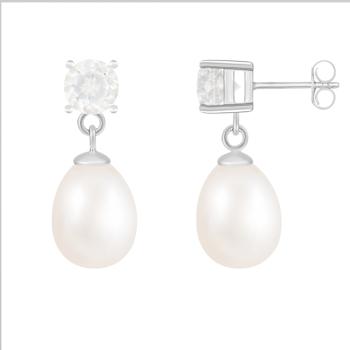 White Freshwater Pearl And White Topaz Drop Earrings In Sterling Silver