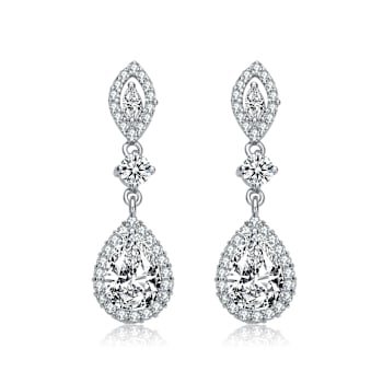 Pear Shape CZ Halo Drop Earrings In Sterling Silver