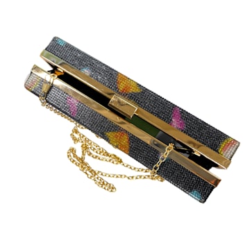 Gold Tone Black Crystal Multi Butterfly Rhinestones Square Clutch