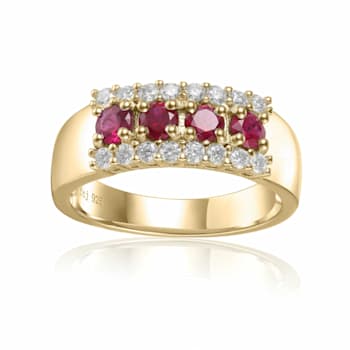 Oval Ruby and Round Moissanite 14K Yellow Gold Over Sterling Silver Wide
Band Ring