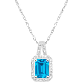 8x6mm Emerald Cut Blue Topaz 1/6 ctw Diamond Rhodium Over Sterling
Silver Halo Pendant with Chain