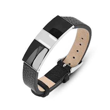 Mens Black Leather, Stainless Steel and Enamel Bracelet