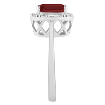 8x6mm Emerald Cut Garnet And White Topaz Accents Rhodium Over Sterling
Silver Halo Ring