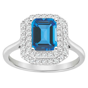 8x6mm Emerald Cut Swiss Blue Topaz And White Topaz Rhodium Over Sterling
Silver Double Halo Ring