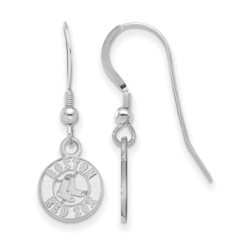 Rhodium Over Sterling Silver MLB LogoArt Boston Red Sox Dangle Earrings