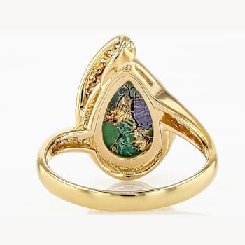 Multi-Color Blended Turquoise Pear And White Zircon Ring In 18K Gold
Over Sterling Silver 0.19ctw