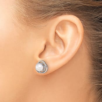 Rhodium Over 14K White Gold 6-7mm Round White Akoya Cultured Pearl Post Earrings