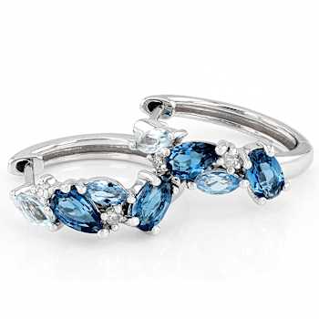 Multi-Blue Topaz Hoop Earrings In Rhodium Over Solid 10K White Gold 1.29ctw