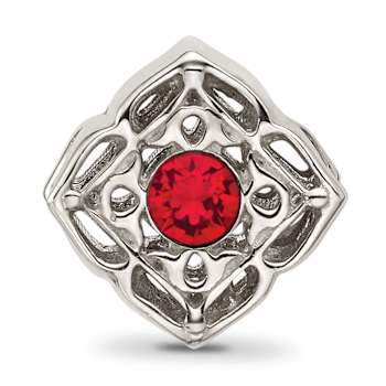 Sterling Silver Brushed and Polished Crystal Red Bead