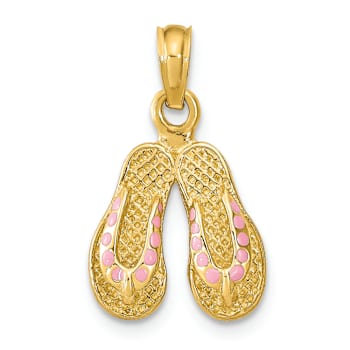 14k Yellow Gold 3D Textured with Pink Enamel Double Flip-Flop Charm