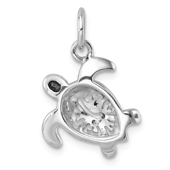 Rhodium Over Sterling Silver Tiny Turtle with Flower Back Pendant