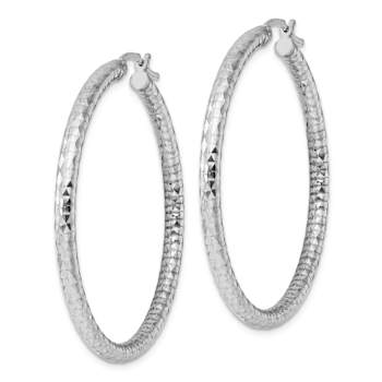 Rhodium Over Sterling Silver 3.00mm Diamond-cut Hoop Earrings