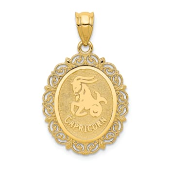 14k Yellow Gold Solid Satin, Polished and Textured Capricorn Zodiac Oval Pendant