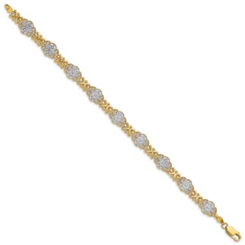 14k Yellow Gold and Rhodium Over 14k Yellow Gold Textured Flower Link Bracelet