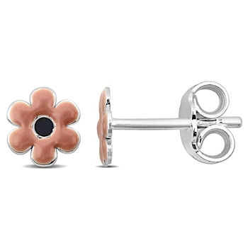 Children's Pink Enamel Flower Stud Earrings in Sterling Silver