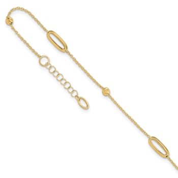14K Yellow Gold Polished Diamond-cut Beads with 1-inch Extension Anklet