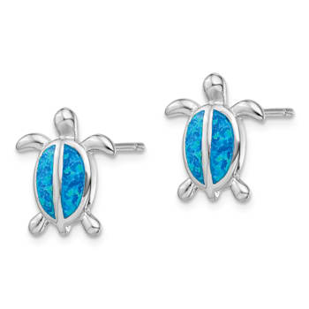 Rhodium Over Sterling Silver Lab Created Opal Turtle Post Earrings