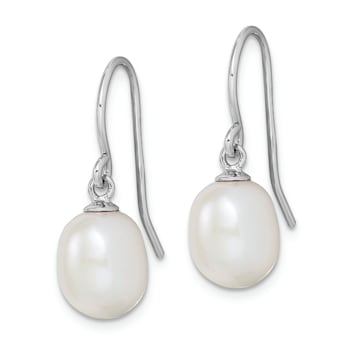 Rhodium Over Sterling Silver Polished 8-9mm Freshwater Cultured Pearl
Dangle Earrings