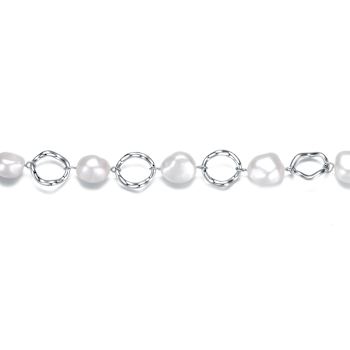 Freshwater Pearl And CZ Station Link Bracelet In Sterling Silver