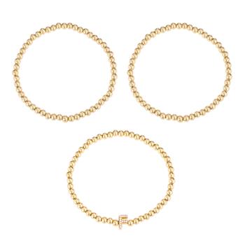 Initial F CZ Beaded Bracelet Set In 14K Gold Over Brass 0.12ctw
