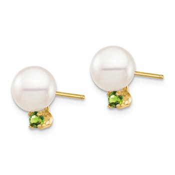 14K Yellow Gold 7-7.5mm White Round Freshwater Cultured Pearl Peridot
Post Earrings