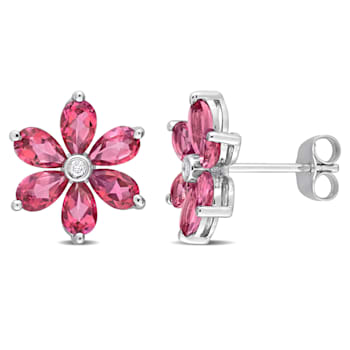4.80ctw Pink Topaz And Diamond Accent 10k White Gold Floral Stud Earrings