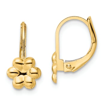 14K Yellow Gold Polished Flower Leverback Earrings