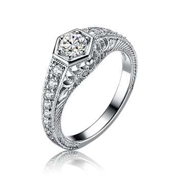 CZ Hexagonal Frame Solitaire Ring In Sterling Silver
