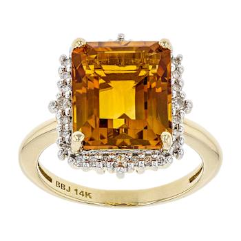 Citrine Rectangular Octagonal And White Diamond Ring In Solid 14K Yellow
Gold 5.53ctw